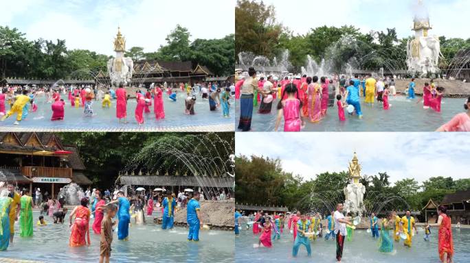 西双版纳泼水节实拍傣族泼水泼水广场