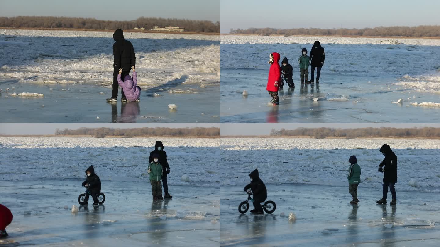 冰冻的江面滑冰游戏