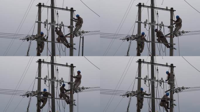 电工电线杆抢修电路修理工雨天安装电线电路