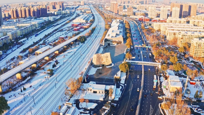 辽宁沈阳城市冬季雪景航拍九一八纪念馆