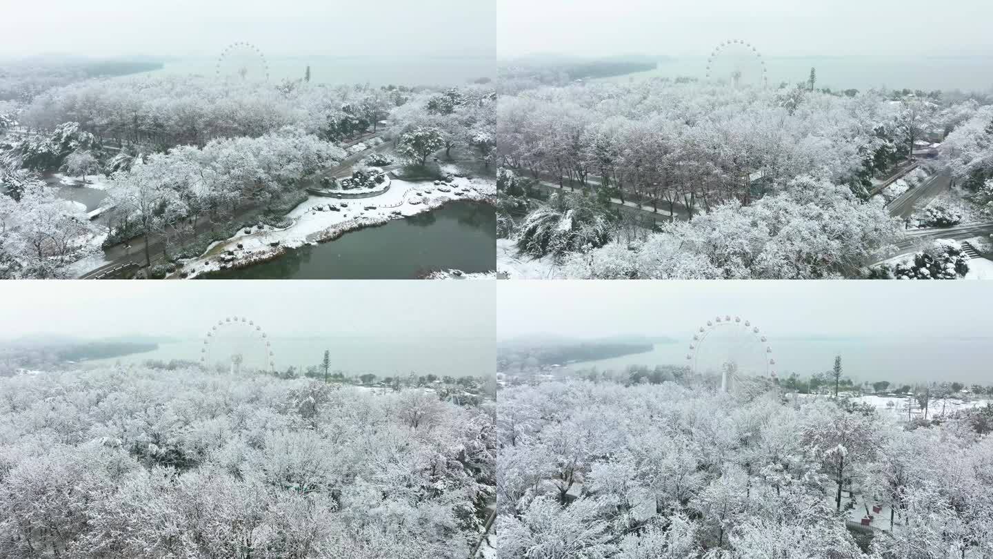 武汉东湖磨山樱风景区航拍雪景风光