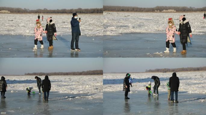 冰冻的江面上溜冰游戏