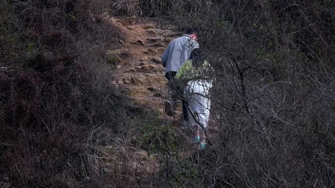 一家三口正在登山