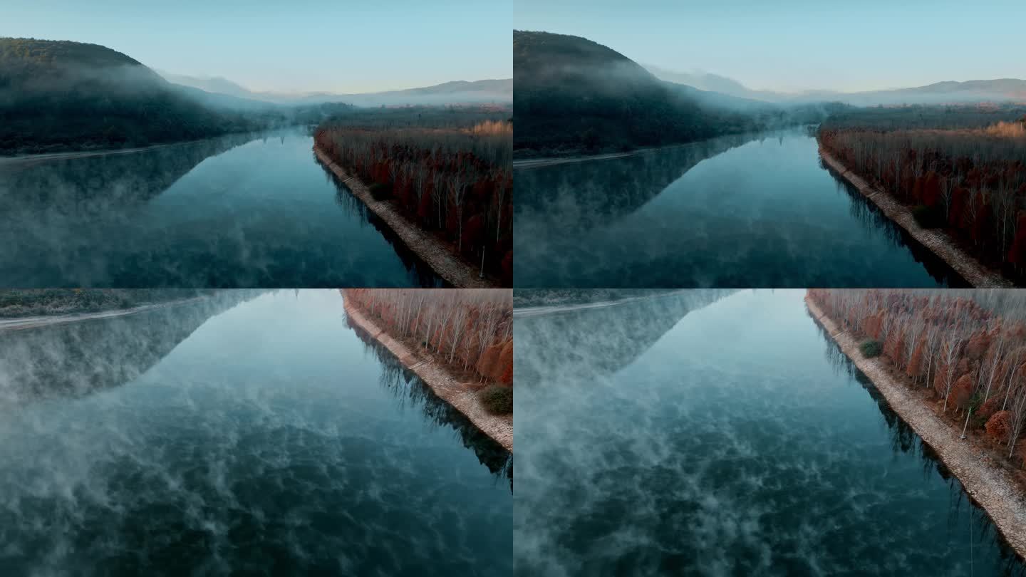 冬季晨雾笼罩湖面雾气湖水