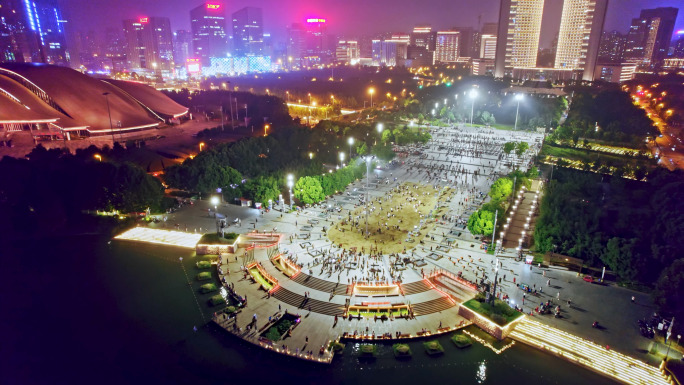 夜景航拍跳广场舞人群灯光秀