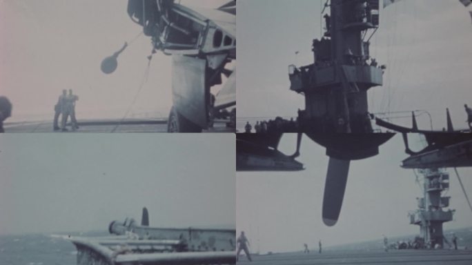 1945年美军飞行员航母上修理战机
