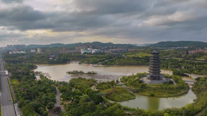 4K延时航拍南宁五象湖五象塔