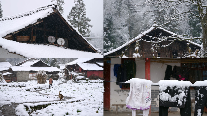 唯美山乡雪景寂静乡村下雪老家乡愁记忆