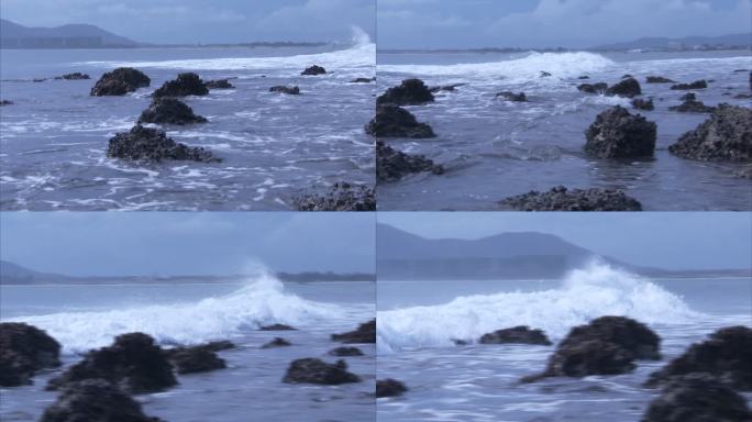 海边大浪拍打岩石 侧拍 合集
