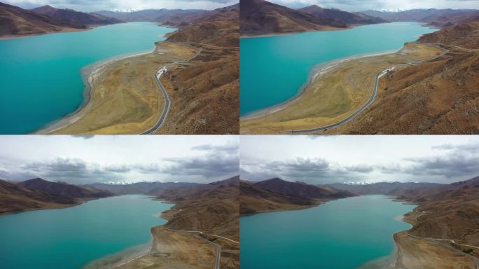 航拍西藏羊湖水面公路混剪