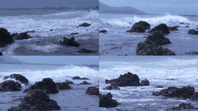 海边大浪拍打岩石 近景 合集
