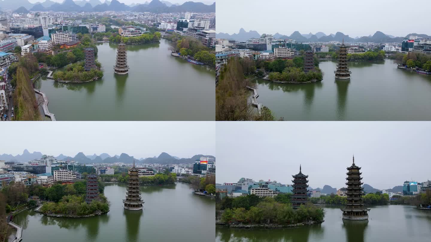 桂林两江四湖景区日月双塔航拍