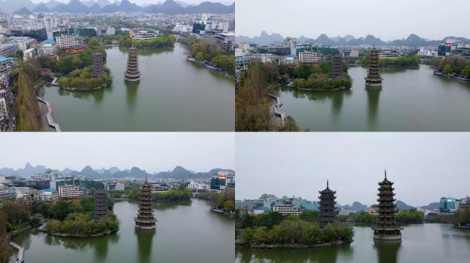桂林两江四湖景区日月双塔航拍