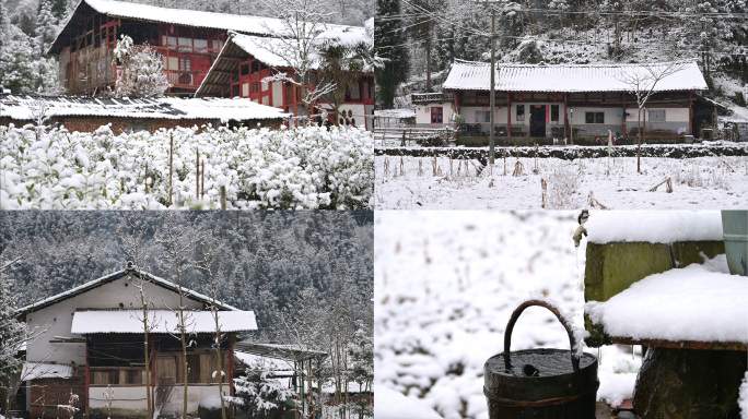 唯美山乡雪景寂静乡村下雪老家乡愁记忆