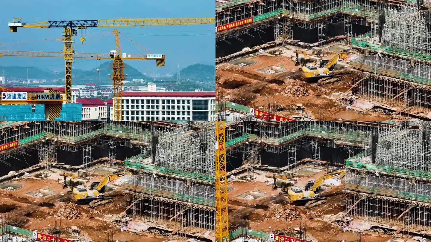 【原创】航拍建筑施工吊塔和挖土机