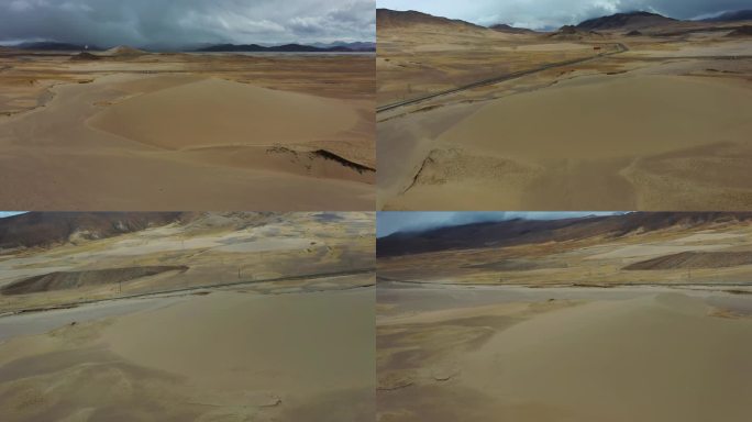 航拍西藏沙漠沙丘汽车行驶