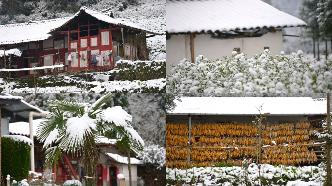 唯美山乡雪景寂静乡村下雪老家乡愁记忆