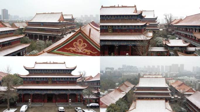 荆州章华寺雪景航拍，寺庙下雪素材，雪景