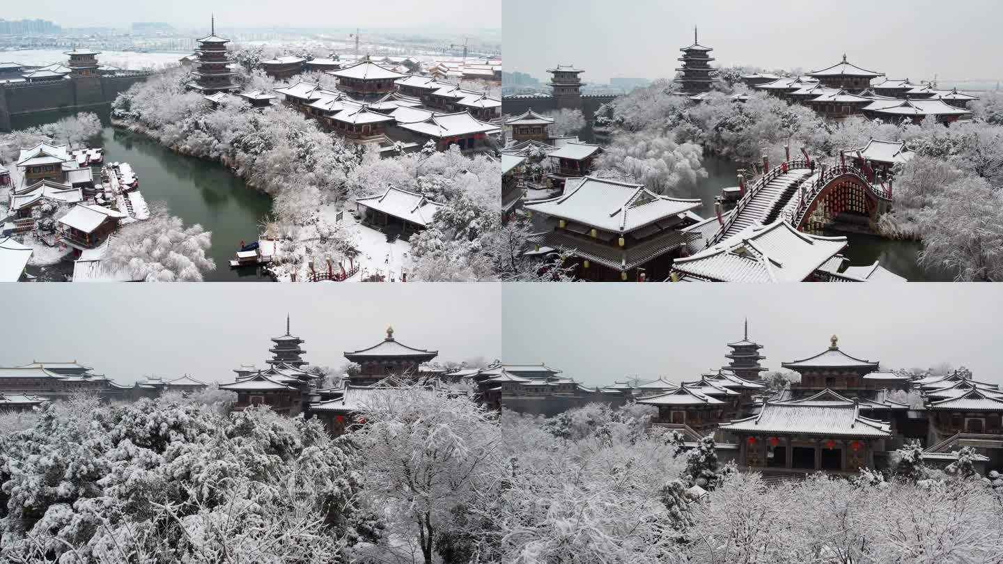 航拍襄阳唐城景区雪景，唐城影视基地雪景