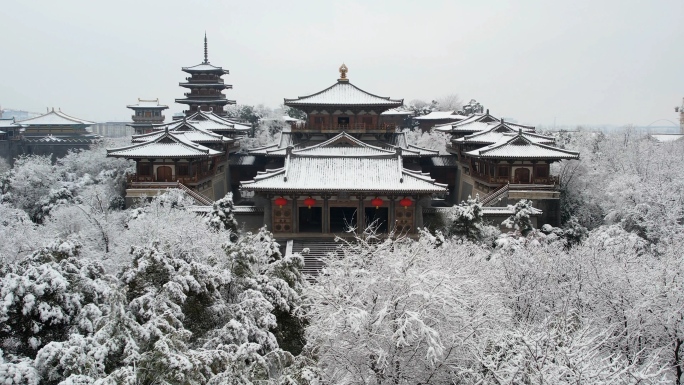 中国唐城航拍，航拍襄阳唐城，唐城雪景素材