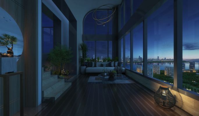 繁华夜景三维观景阳台看江和城市