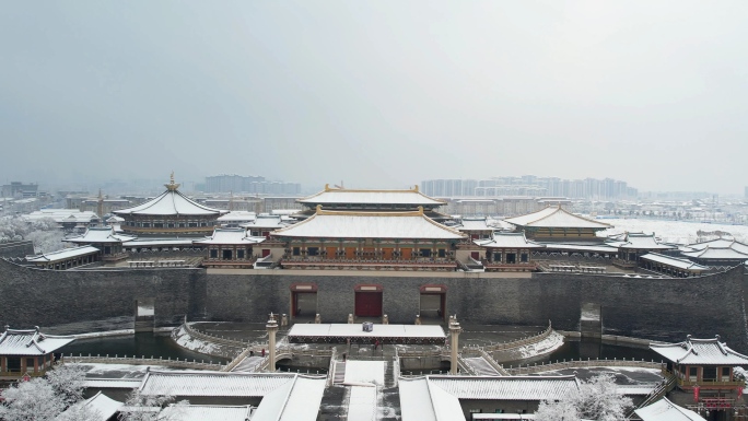 航拍襄阳唐城影视基地，唐城雪景，襄阳唐城