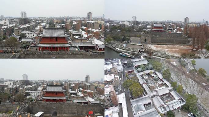 荆州古城雪景，荆州古城东门宾阳楼下雪素材