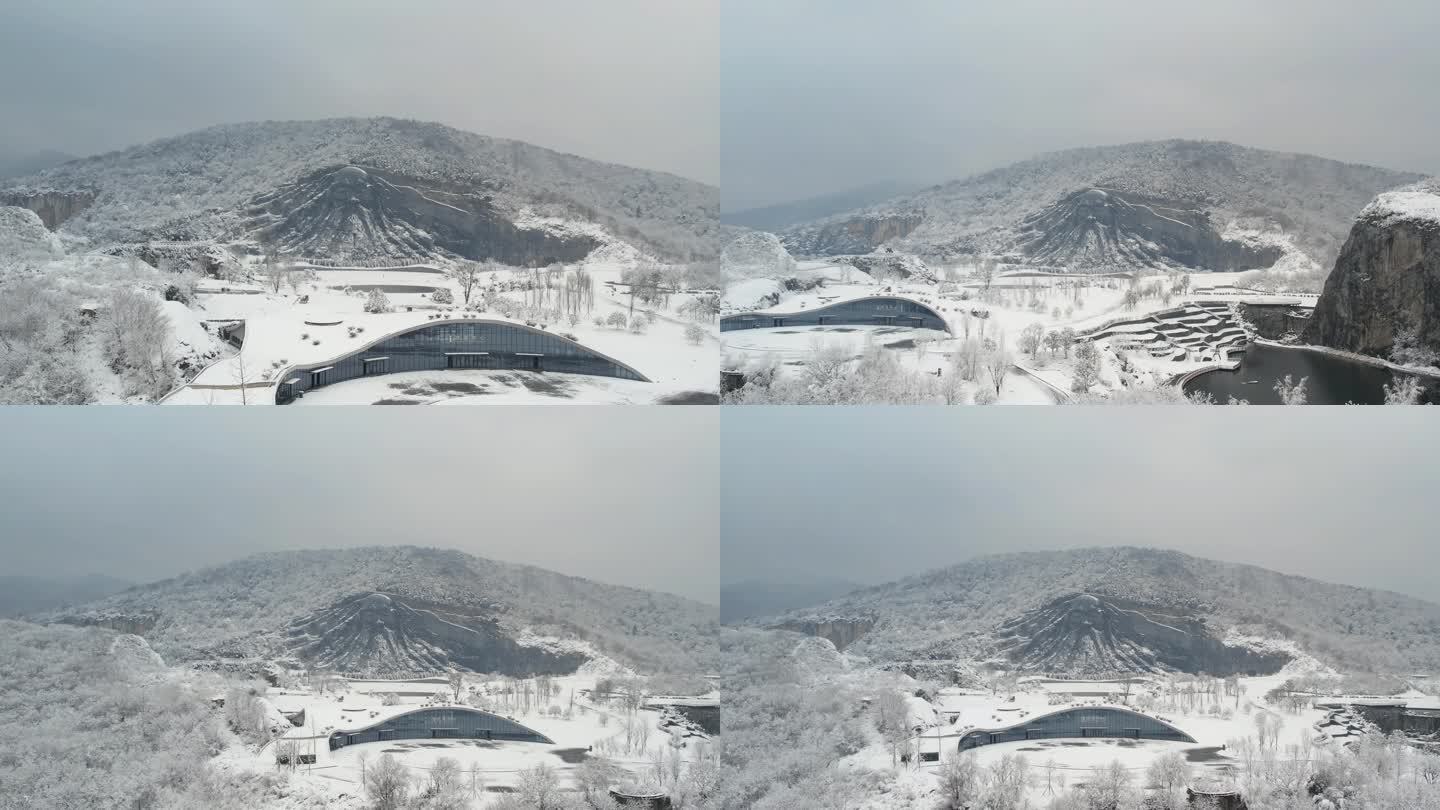 湖北襄阳伏羲山体石雕4K雪景航拍，雪景