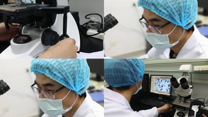 研究员用医学显微镜检测生物样品