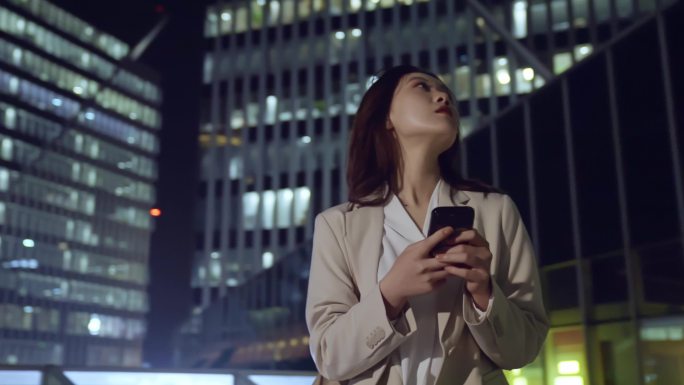 商务女性夜晚城市街头使用手机