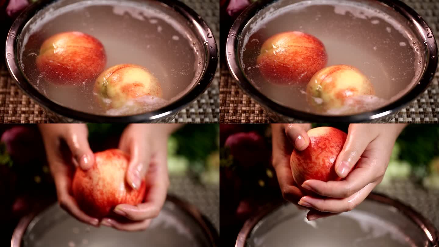 近景特写洗桃子刷洗水蜜桃脆桃桃毛