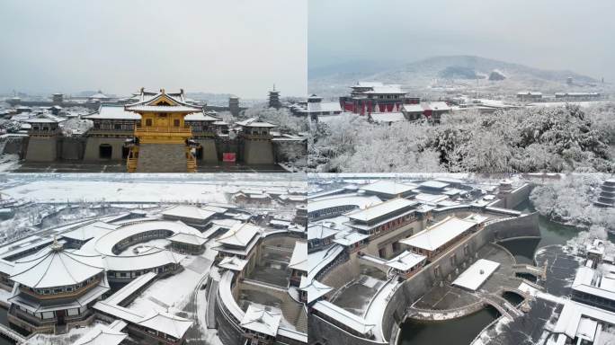 中国唐城航拍，航拍襄阳唐城，唐城雪景素材