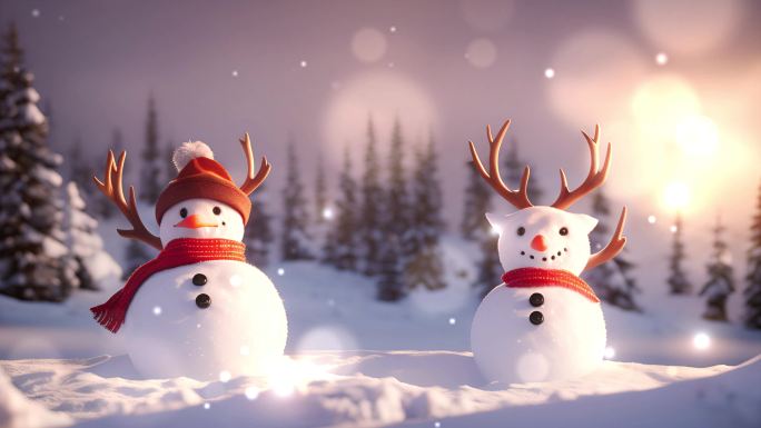 情侣雪人圣诞节雪地动态背景