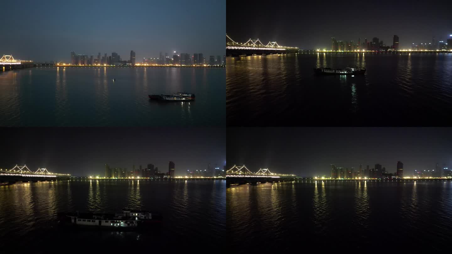 钱塘江彭埠大桥与渔船夜景航拍