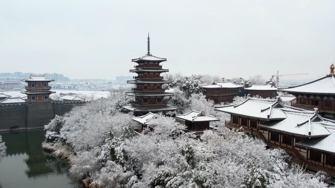 中国唐城航拍，航拍襄阳唐城，唐城素材下雪