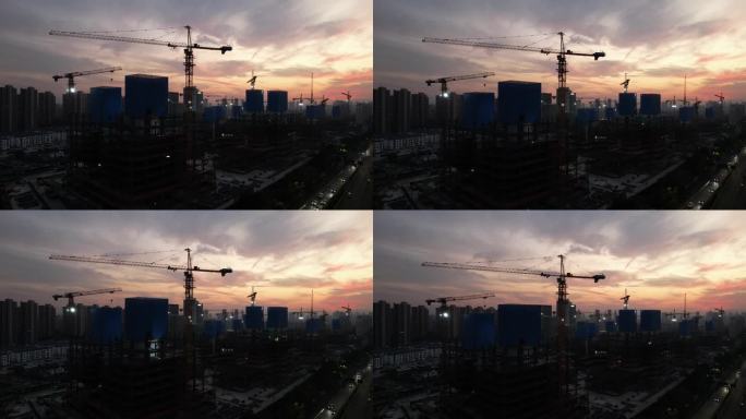 航拍夕阳下的建筑工地 塔吊