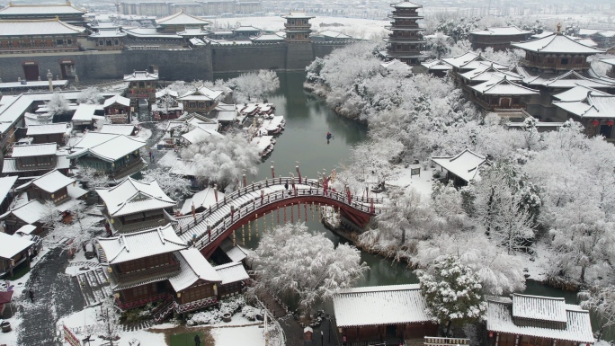 中国唐城航拍，航拍襄阳唐城，唐城雪景素材