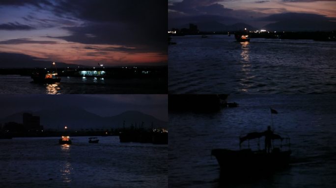 海南岛渔港天亮前的景色 渔船 渔火 合集