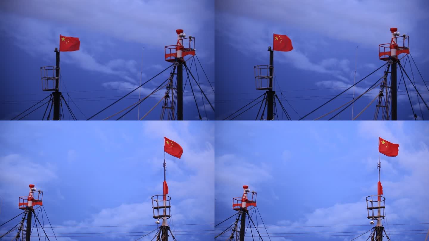 海南岛渔港 中国国旗飘扬
