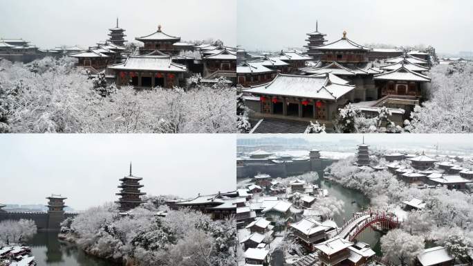 航拍襄阳中国唐城影视基地4K雪景素材