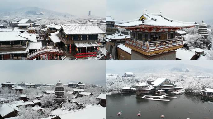 航拍襄阳唐城影视基地，唐城下雪，襄阳唐城