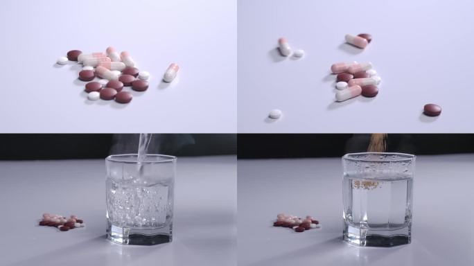 胶囊和药片掉落 药物冲剂倒入水中