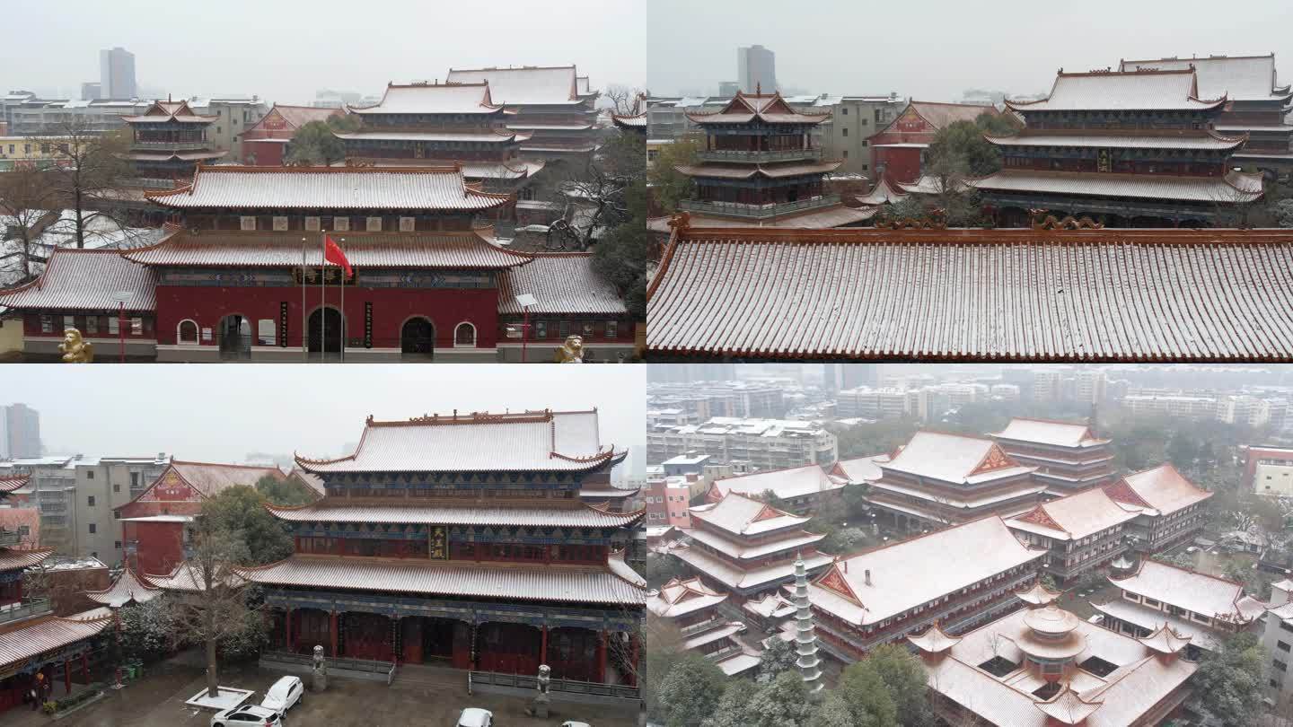 荆州章华寺雪景航拍，寺庙下雪素材，雪景