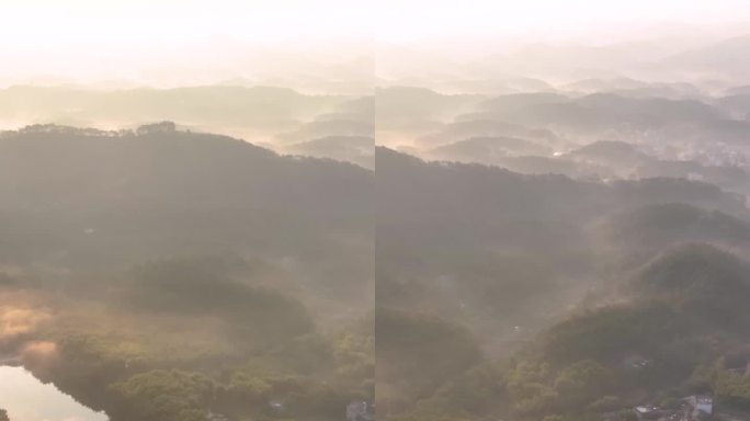 高清竖屏航拍桂平群山日出晨雾风景