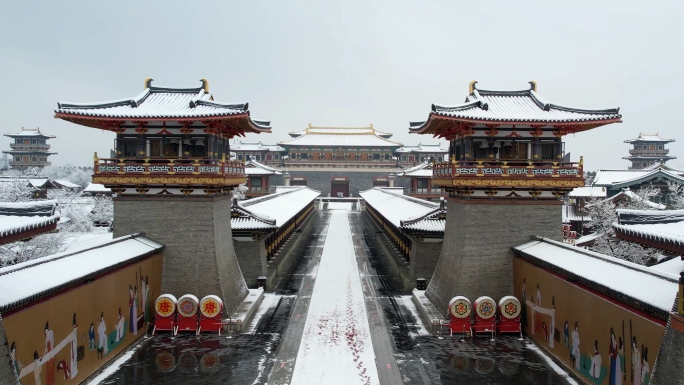 中国唐城下雪，航拍唐城雪景，唐城素材4k