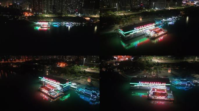 广西南宁邕江游船码头夜景航拍素材