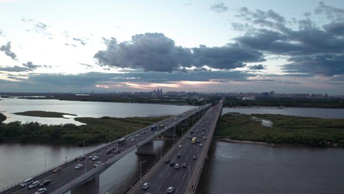 哈尔滨公路大桥城市风光航拍