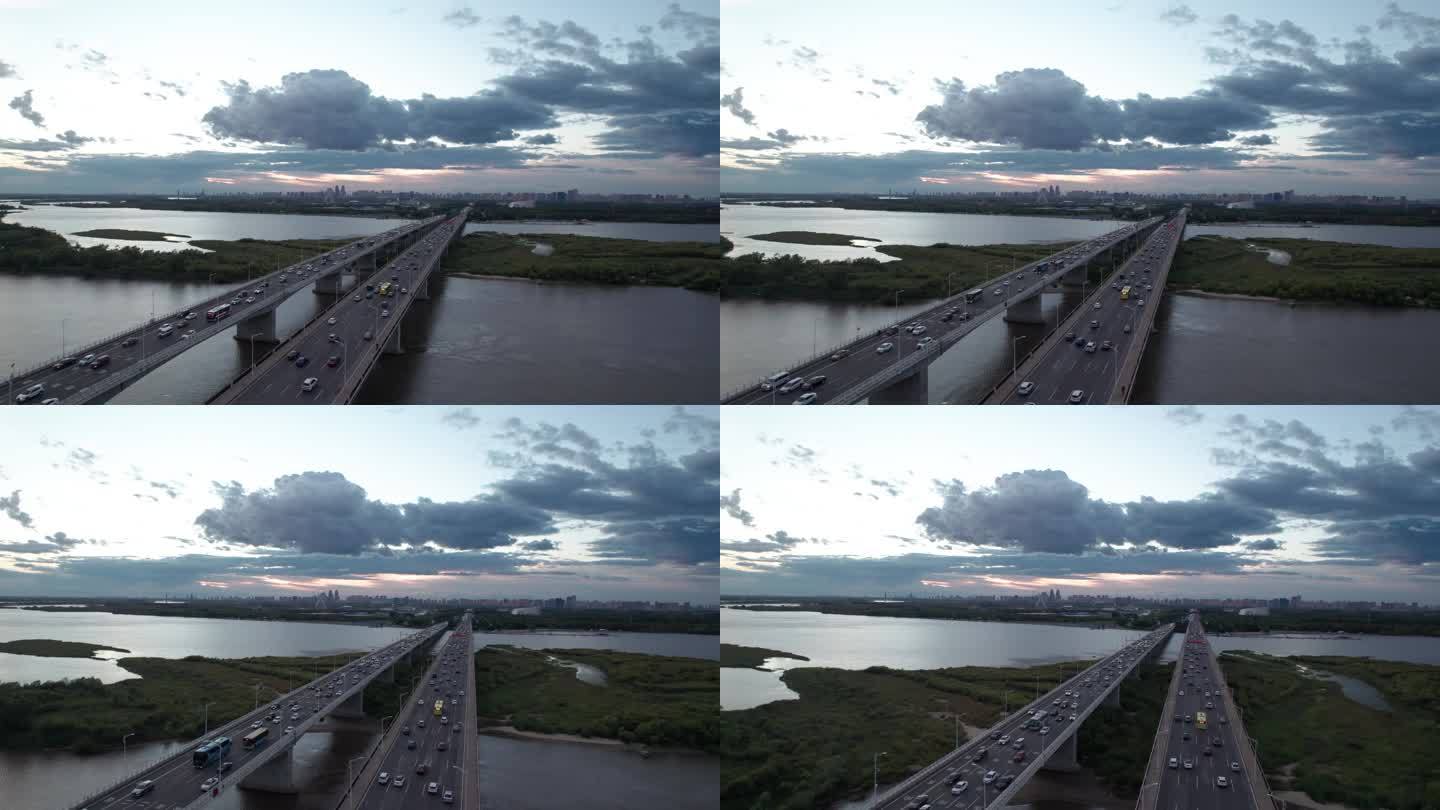 哈尔滨公路大桥城市风光航拍