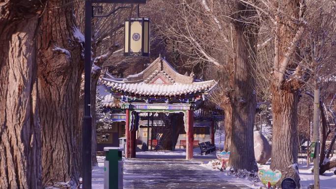 冰雪覆盖酒泉公园西汉胜迹古建筑升格镜头