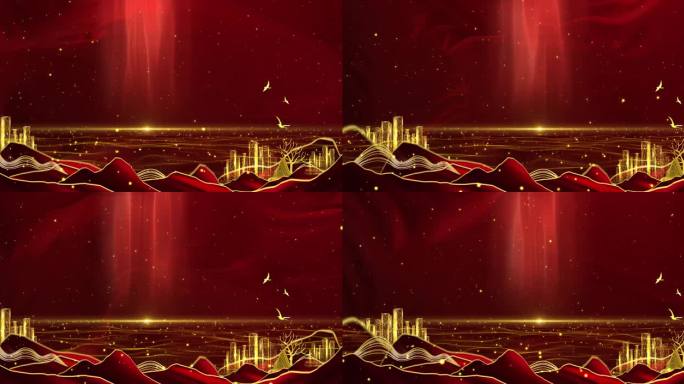 红绸城市粒子山动态背景AE模板